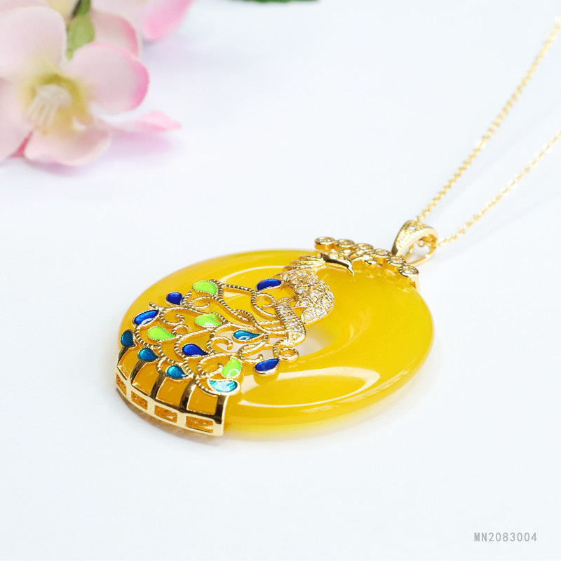 Yellow Chalcedony Cloisonné Phoenix Peace Buckle Pendant — No Chain