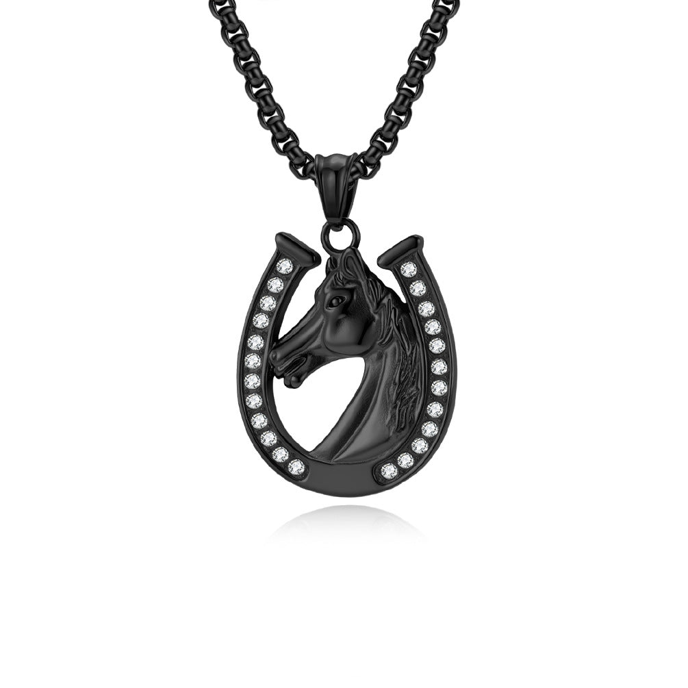 Planderful Horseshoe Zircon Necklace For Men Titanium Steel Gold Plated Horse Head Pendant Hip Hop Sweater Chain