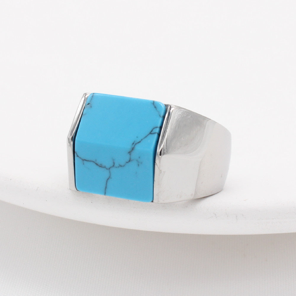 Turquoise Titanium Square Steel Ring For Men And Unisex Planderful Everyday Genie Protection Statement Jewelry