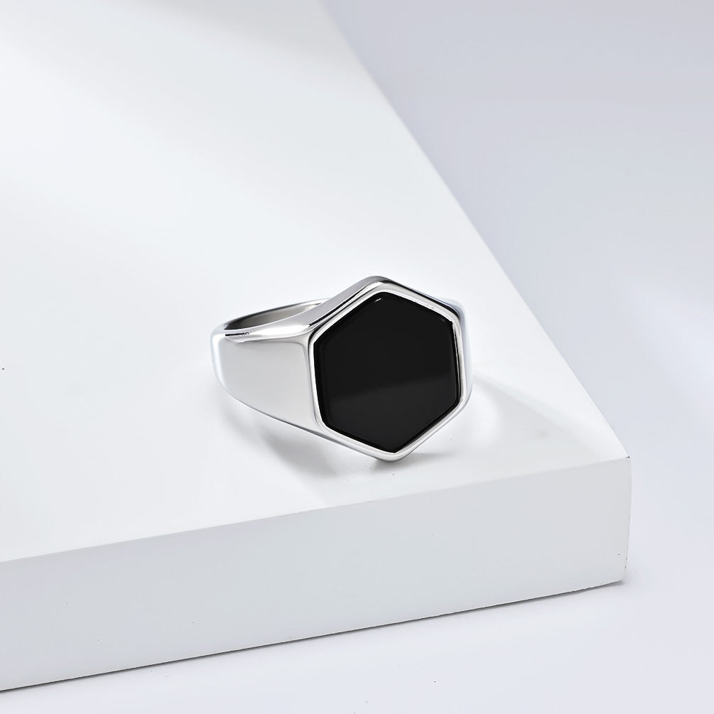 Ins Geometric Hexagonal Black Stone Titanium Steel Ring