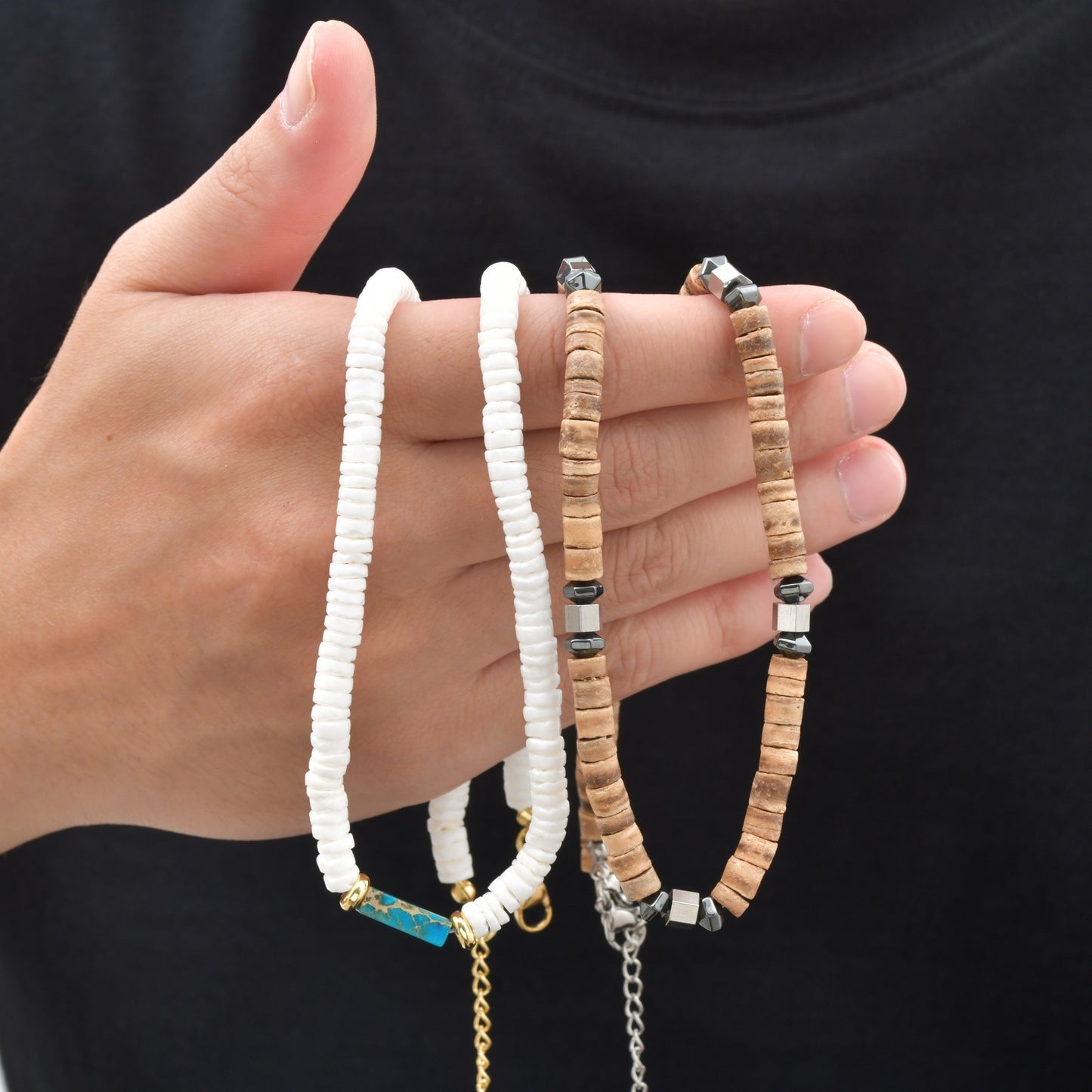 Daily Stacking Of Street Rock Wear With Stainless Steel Abacus Beads Rectangular Stone Necklace