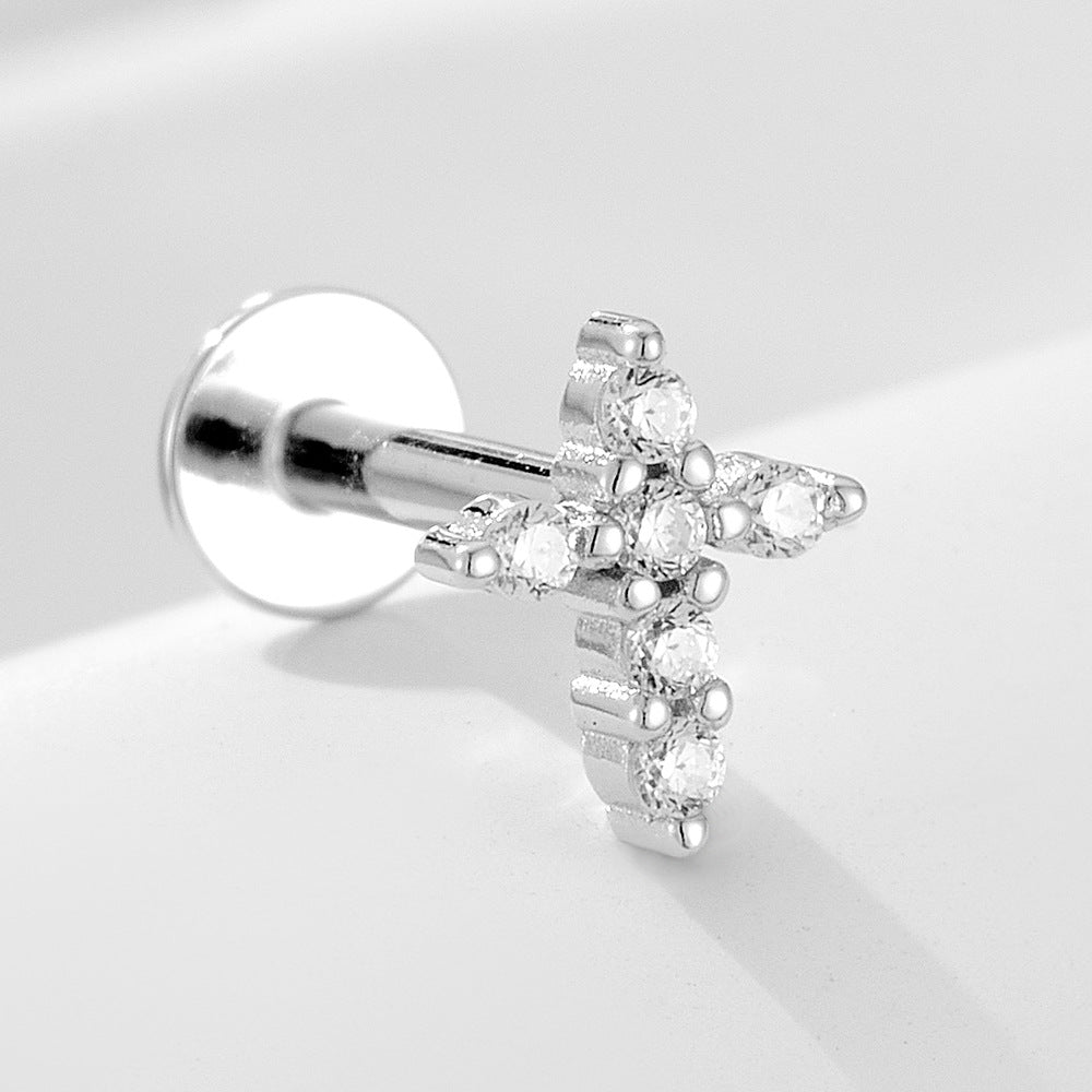 Planderful S925 Sterling Silver Cross Earrings With Zircon Flat Head For Cartilage Piercing Lovers