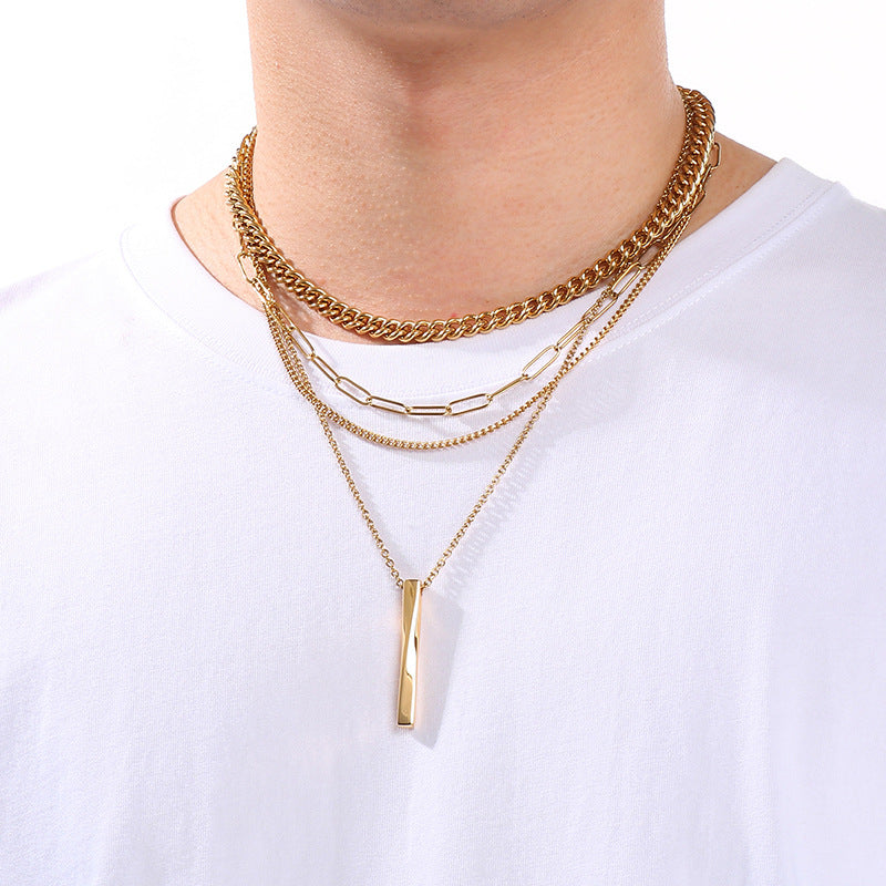 Hipsters Wear Multi-Layer Chain Necklaces, High-End Twisted Metal Rods, Small Gold Bars, Stainless