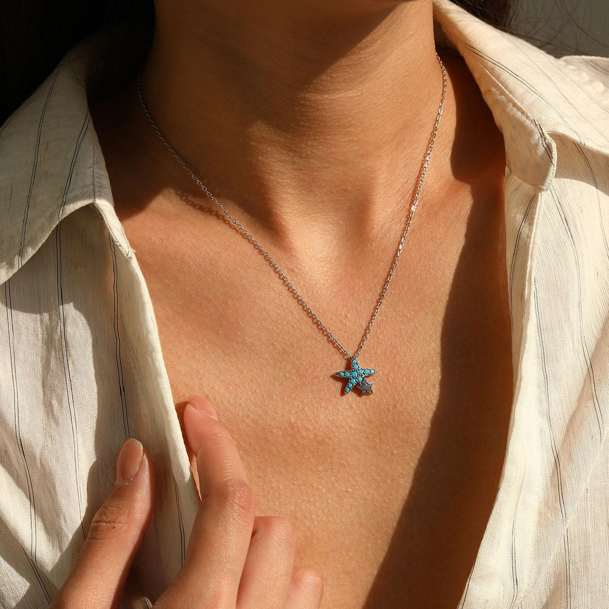 925 Sterling Silver Starfish Turquoise Necklace