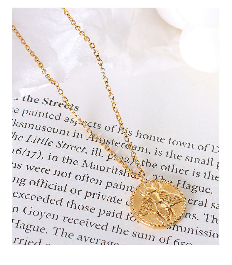 Elegant Titanium Steel Plated Gold Bee Coin Pendant Necklace - Women's Jewelry