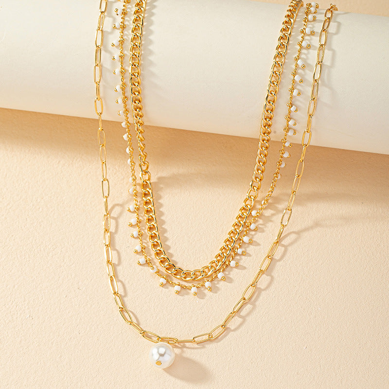 European Charm Three-Layer Beaded Pendant Necklace with Imitation Pearl Accent