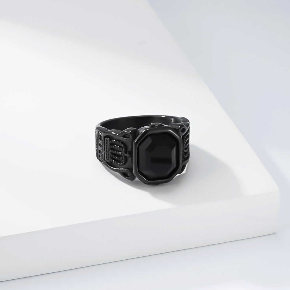 Stainless Steel Black Gemstone Crown Men's Ring