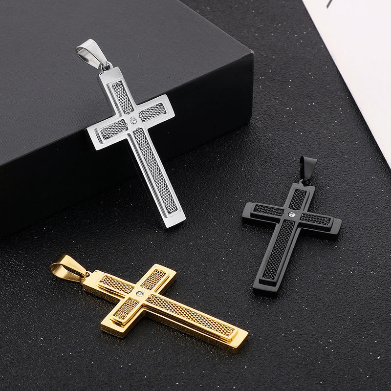 Street Pendant, Zircon Double-Layer Mesh Cross Stainless Steel Man Pendant Necklace