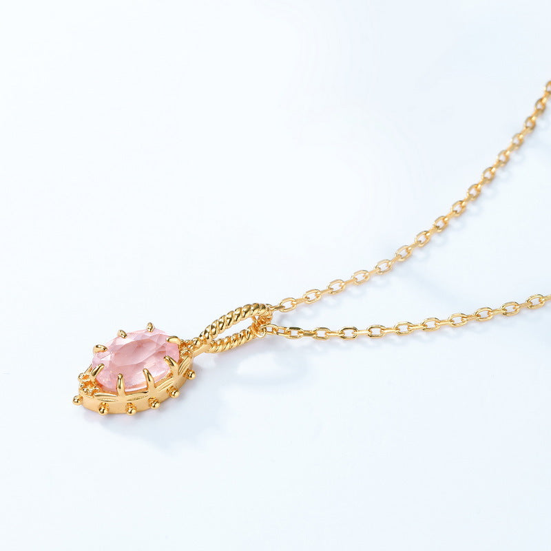 Oval Pink Crystal Retro Silver Necklace