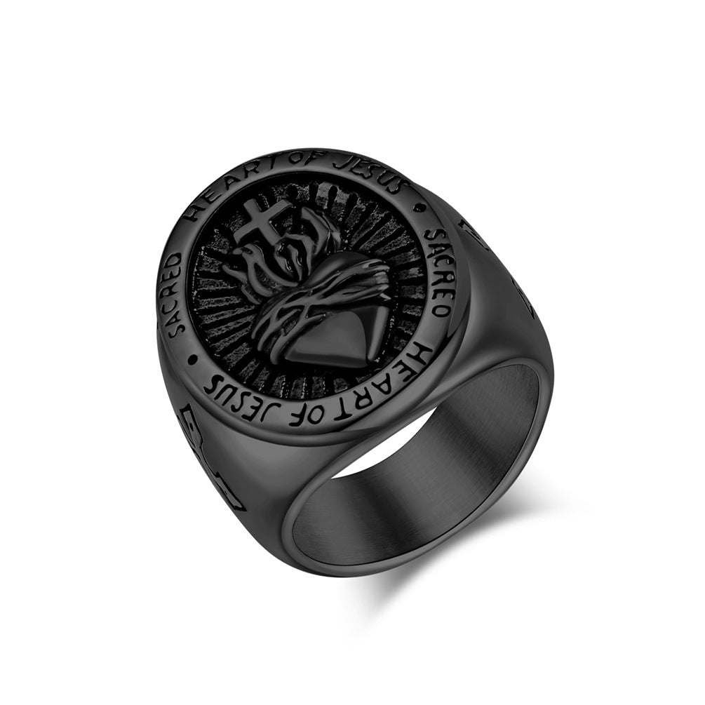 Titanium Steel Cross Ring for Men with Heart Design
