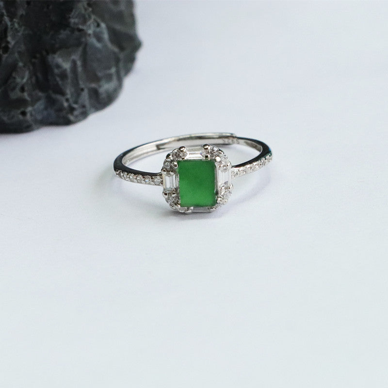 Icy Green Jadeite Square Plaque 925 Silver Ring