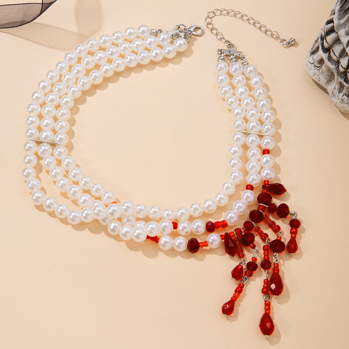 Gothic Pearl Heart Blood-Drip Layered Necklace