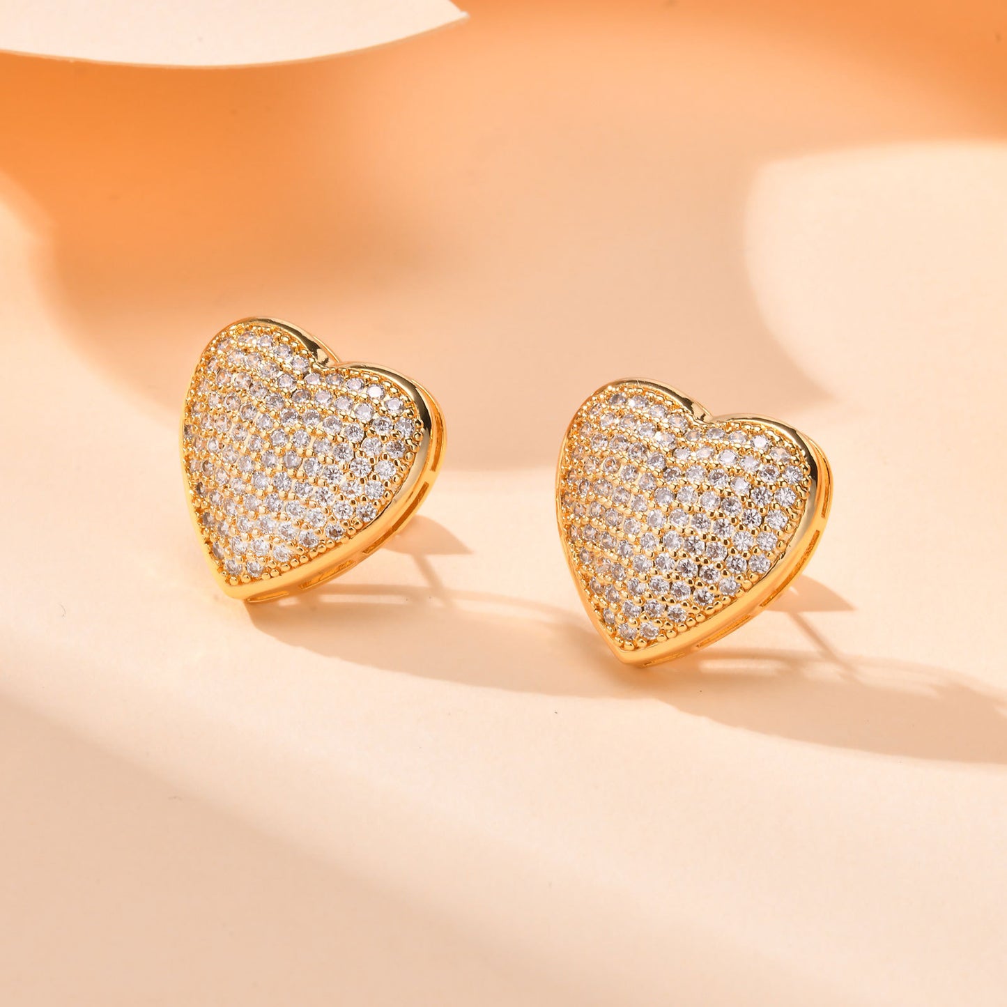 Jewelry Copper With Zircon Heart Stud Earrings In 18K Gold