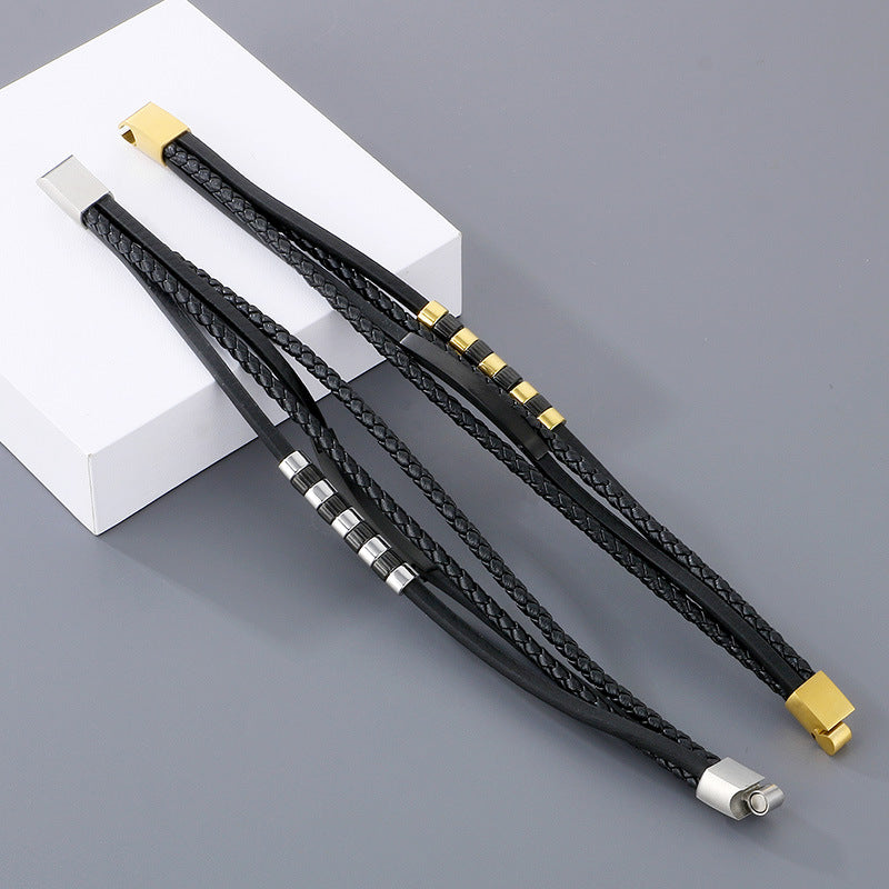 Stainless Steel Black Gold Beaded Leather Cord Bracelet – Multi-Layer Woven Magnetic
