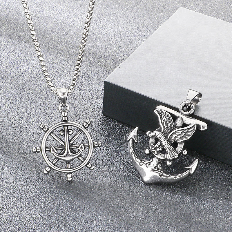 Dark Retro Nautical Rudder Pendant, Punk Retro Cross Skull Head Anchor Titanium Steel Necklace