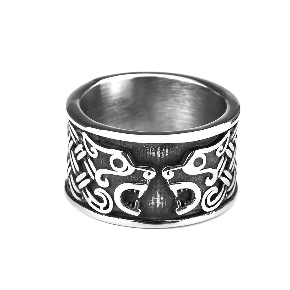European and American Jewelry Wholesale Men's Titanium Steel Viking Double Wolf Head Ring
