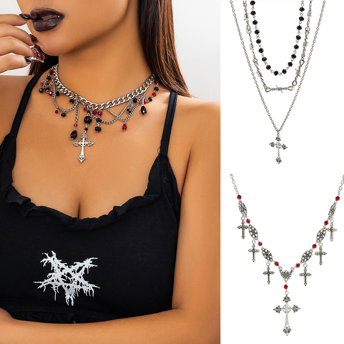 Gothic Style Blood Drop Tassel Necklace with Thorny Collar