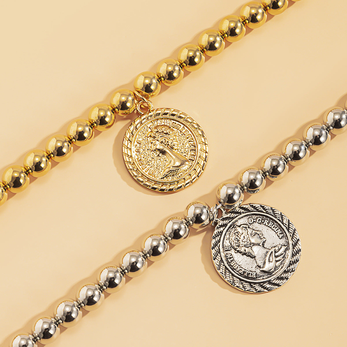 European and American Fusion Jewelry Set with Imitation Pearls, Geometric Shapes, and Sweet & Cool Beaded Portrait Necklace.