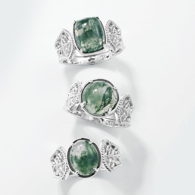 S925 Sterling Silver Moss Agate Adjustable Ring