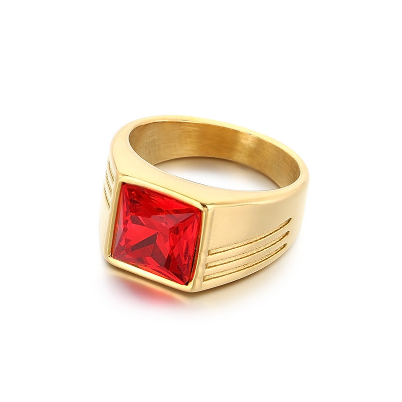 Popular Vacuum Electroplated Rings, Retro Square Red Gemstone Titanium Steel Trendy