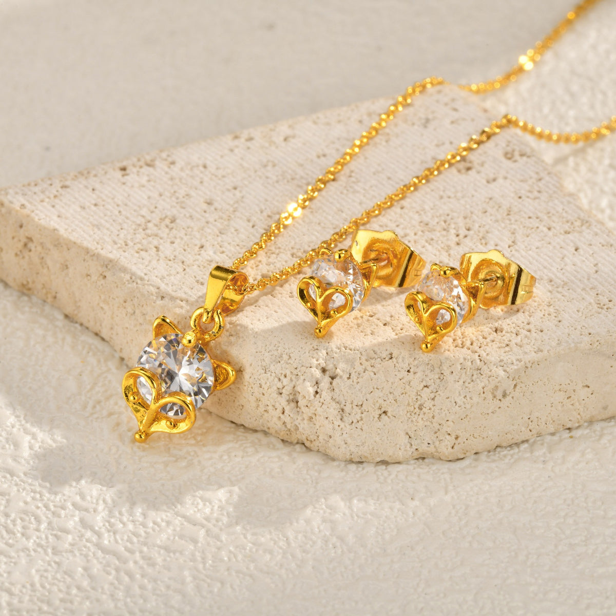 Copper Zircon Fox Necklace – Stud Earrings – Collarbone Chain