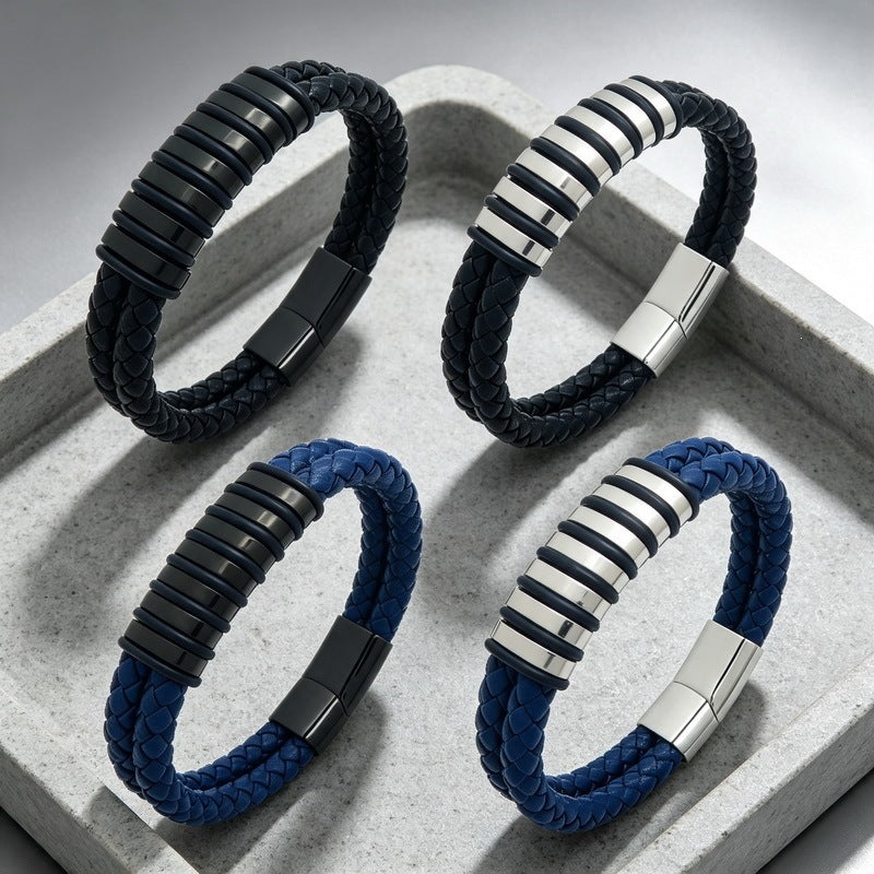 Blue/Black Leather Bracelet Double Layer Braided Microfiber Leather Stainless Steel