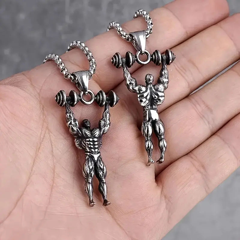 1. Planderful Barbell Necklace Titanium Steel For Men Weightlifting Pendant Hip Hop Style Giftable