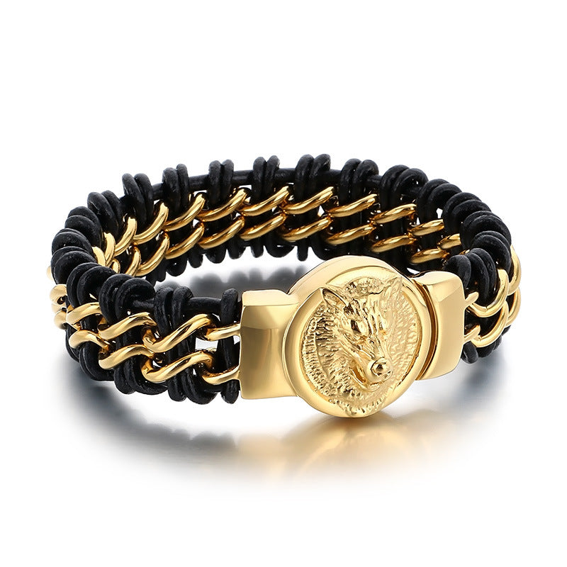 Wolf Head Bracelet – Punk Animal Lion Head Magnet Buckle Titanium Steel Woven Leather