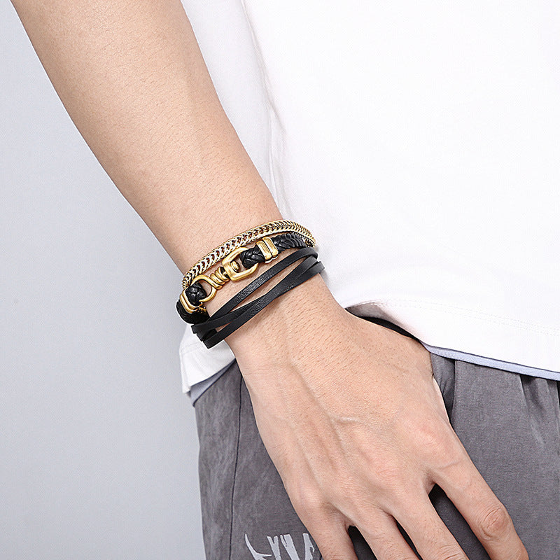 Planderful Men Leather Chain Bracelet Multi Layer Punk