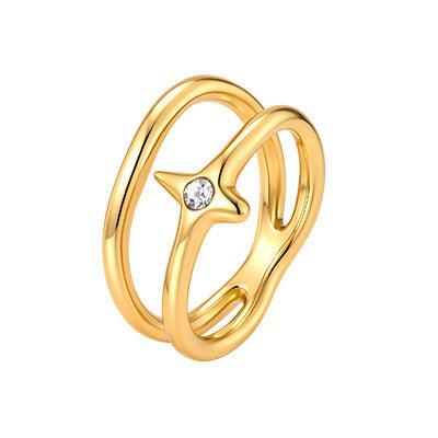 Unique Design Index Finger Ring Stainless Steel Irregular Double Layer Quadrangram Zircon