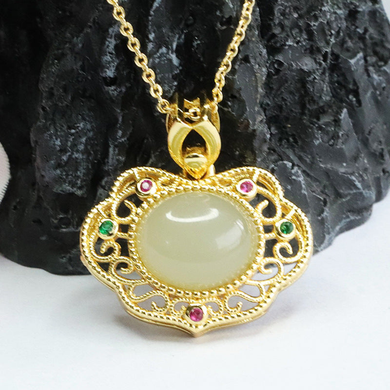 Heirloom Ruyi Pendant with Natural Oval Hotan Jade Insets