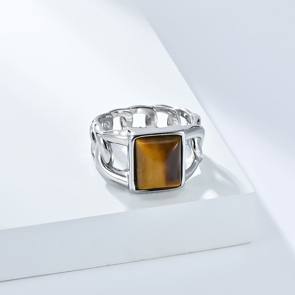 Planderful Everyday Genie Tiger Eye Titanium Steel Ring For Men Geometric Hollow Cuban Chain