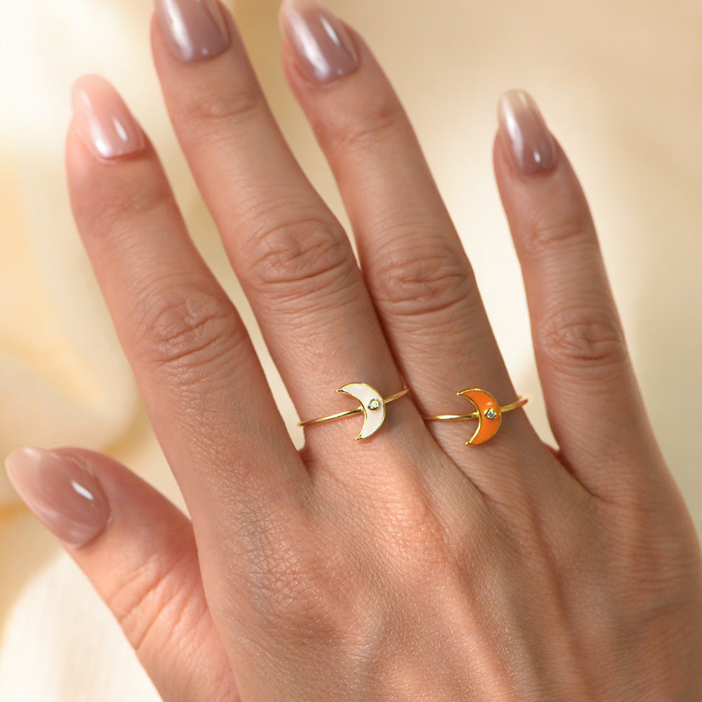 Planderful S925 Sterling Silver Epoxy Moon Ring For Women Minimal Style Everyday Jewelry