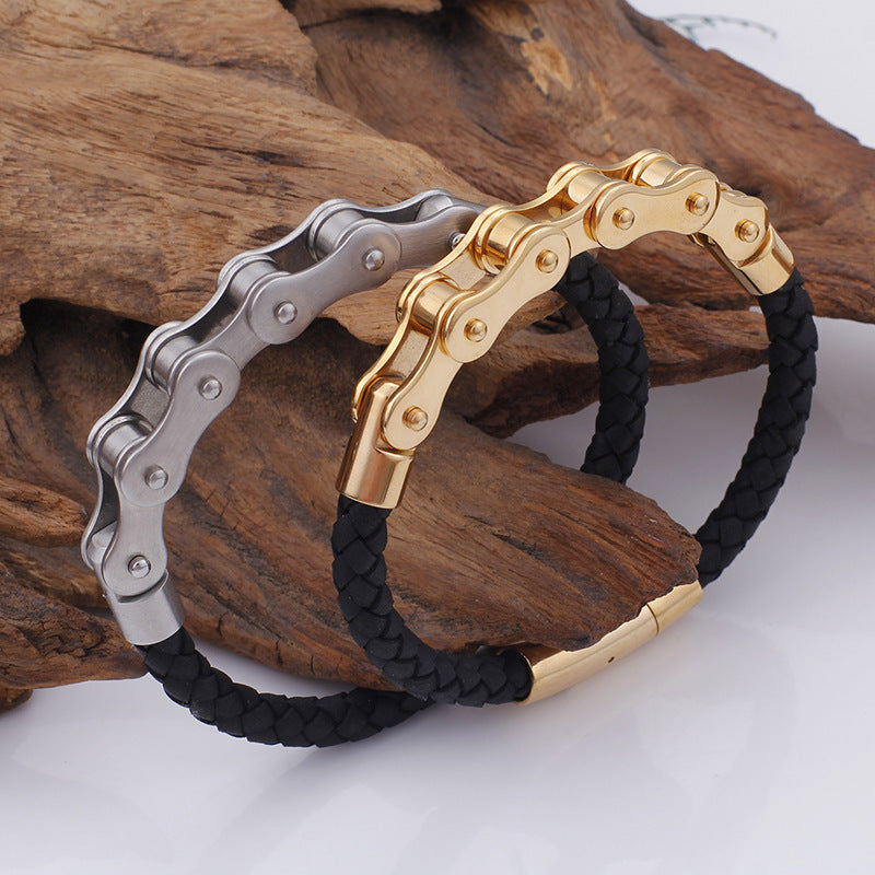 Cool Men's Stainless Steel Bicycle Chain Leather Bracelet – Locomotive Chain Cowhide