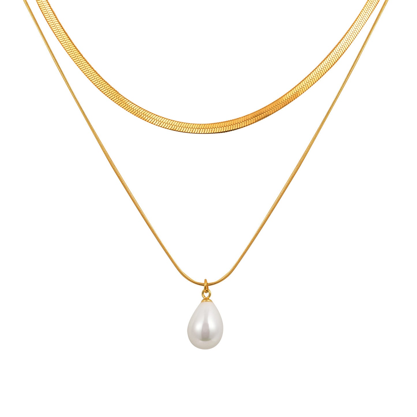Stainless Steel Water Drop Pearl Double Stacked Necklace Ladies Collarbone Chain