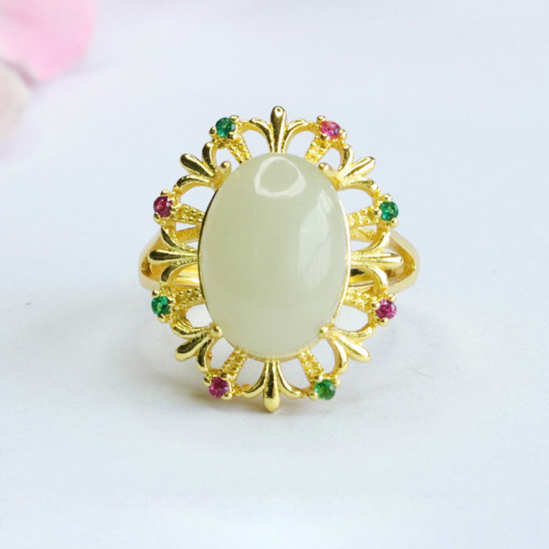 Pigeon Eggs Hetian Jade Zircon Ring - Vintage Hollow Design