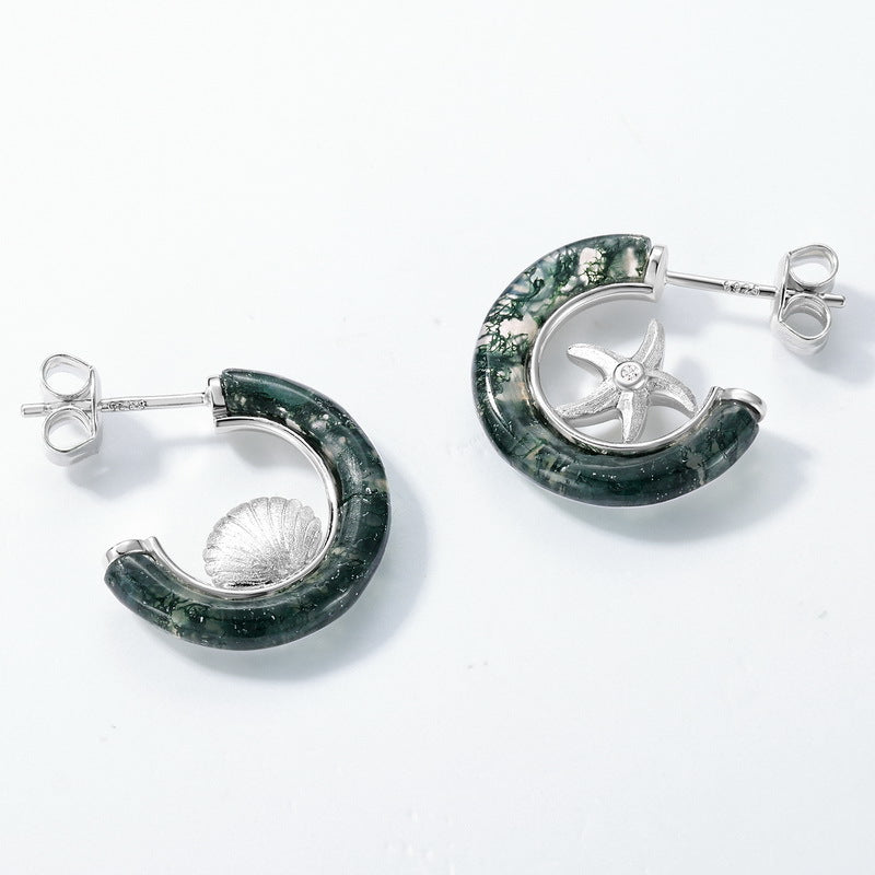S925 Sterling Silver Moss Agate Signature 17 × 17 mm Stud Earrings