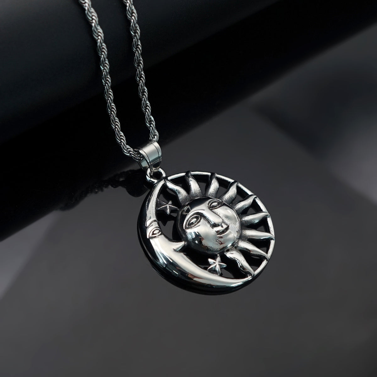 Vintage Moon Sun Stainless Steel Pendant Necklace