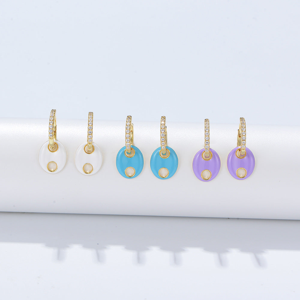 925 Sterling Silver Wind Color Drip Pig Nose Earrings Zircon Earrings Oval Drop