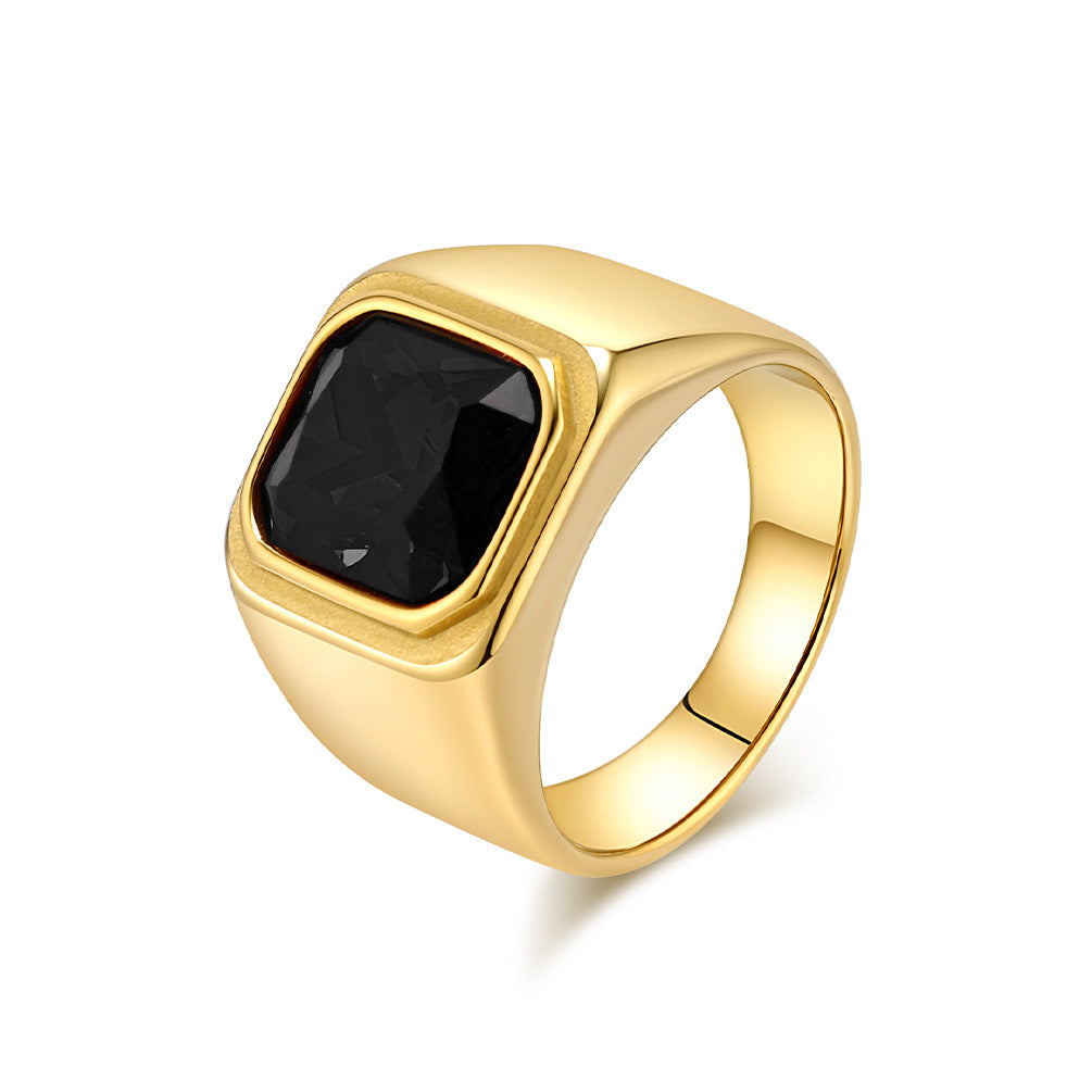 Planderful Personalized Light Luxury Men's Square Gemstone Ring Titanium Steel Gold-Plated