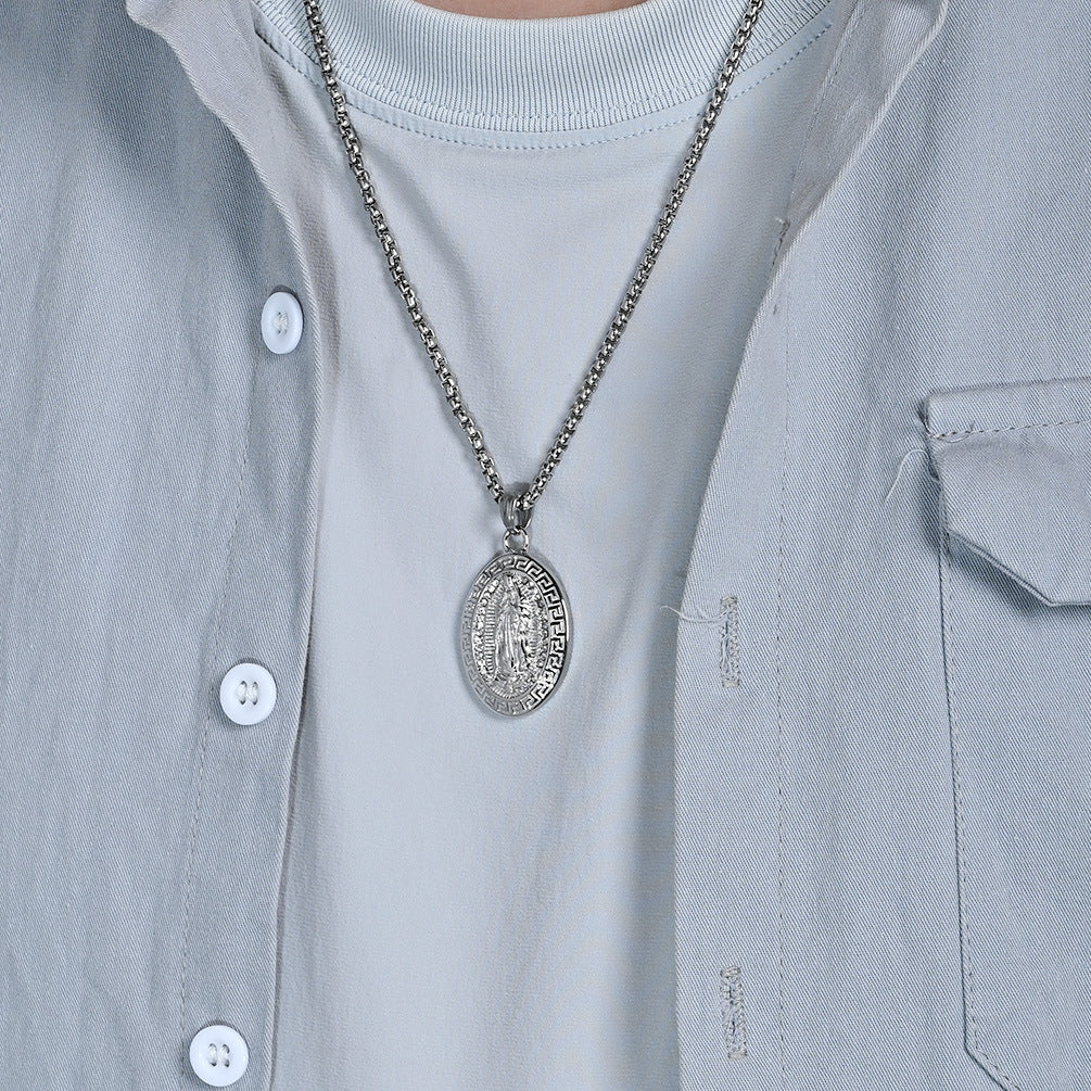 Planderful Virgin Mary Oval Pendant Necklace Titanium Steel Unisex Jewelry European Retro Relief Portrait