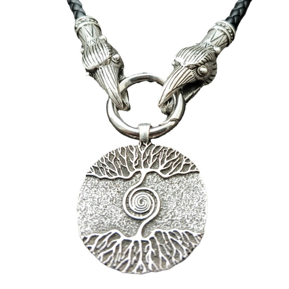 Nordic Mythical World Tree Necklace with Wolf Head Totem Pendant for Men