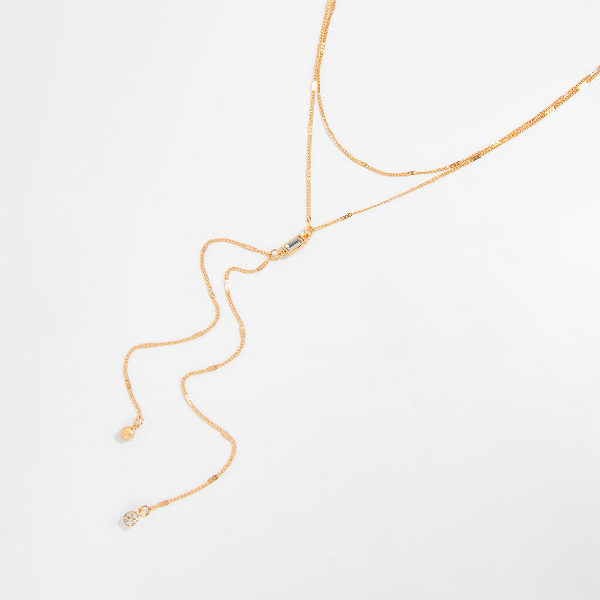 Square Zircon Y-Shaped Neck Chain Fringed Fine Chain Collarbone Necklace Round Bead