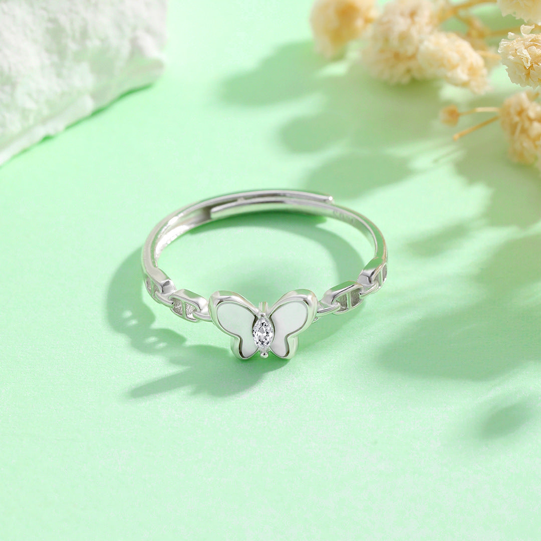 Planderful Everyday Genie Ins Simple Butterfly White Shell Zircon Ring Women’s 925 Sterling Silver Niche Design Small Fresh Tide Ring