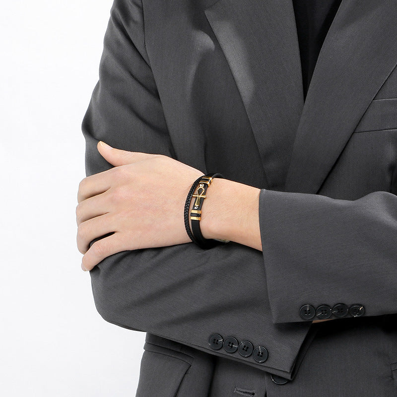 Multi-Layer Woven Leather Magnetic Buckle Stainless Steel Anka Symbol Cross Men's Bracelet