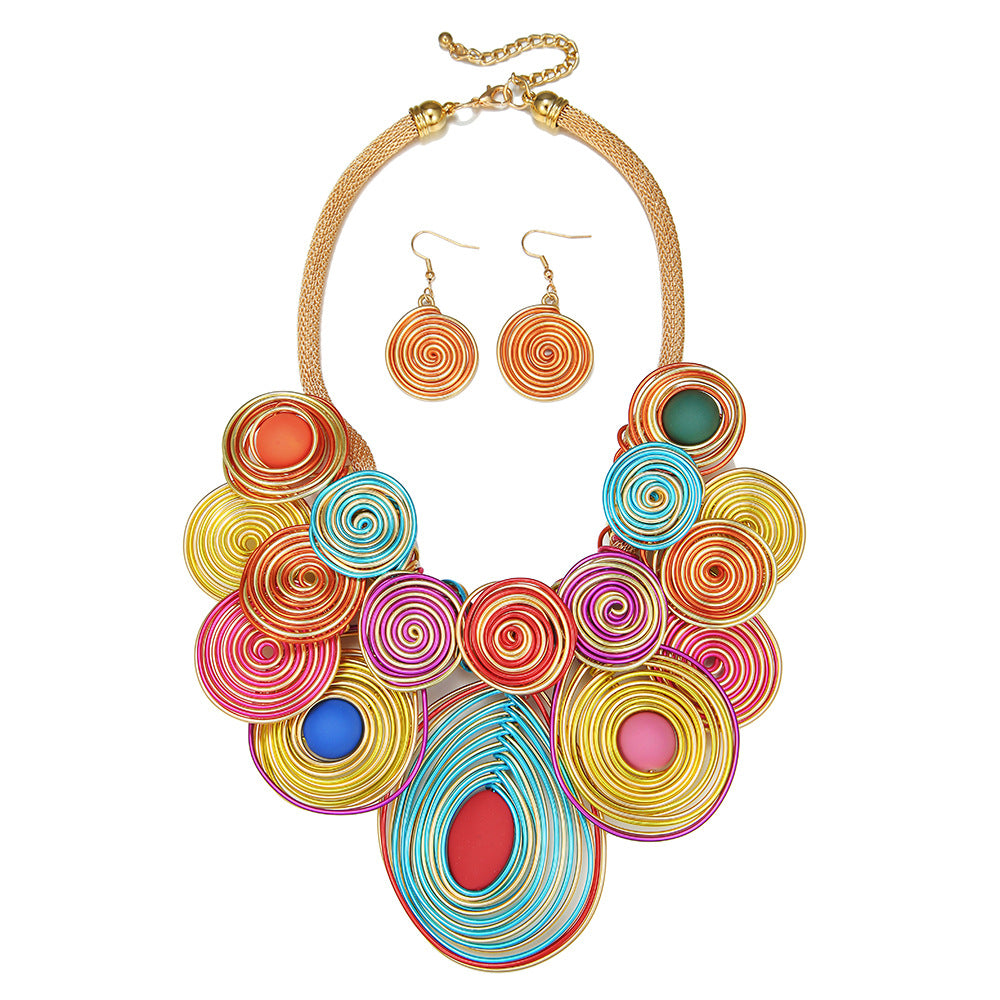 Exaggerated Aluminum Wire Statement Necklace Set with Sweater Chain by Planderful - Savanna Rhythms Collection