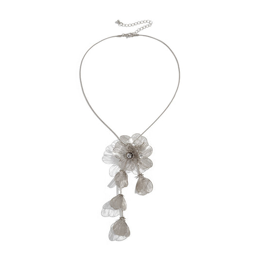 Crystal-Style Flower & Ginkgo Fringe Necklace