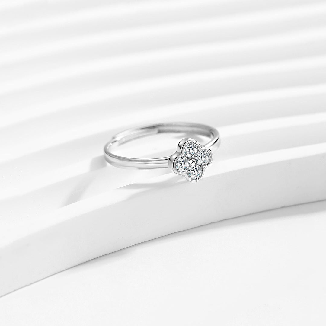 Planderful S925 Sterling Silver Four Leaf Clover Zircon Ring For Women Adjustable