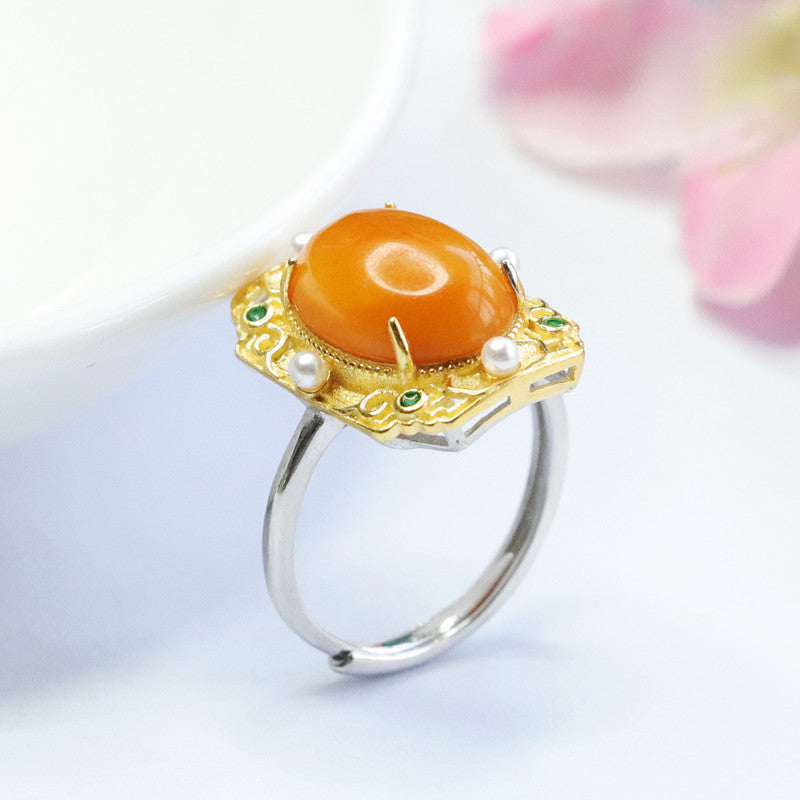 Golden Rectangle Adjustable Honey Wax Amber Ring