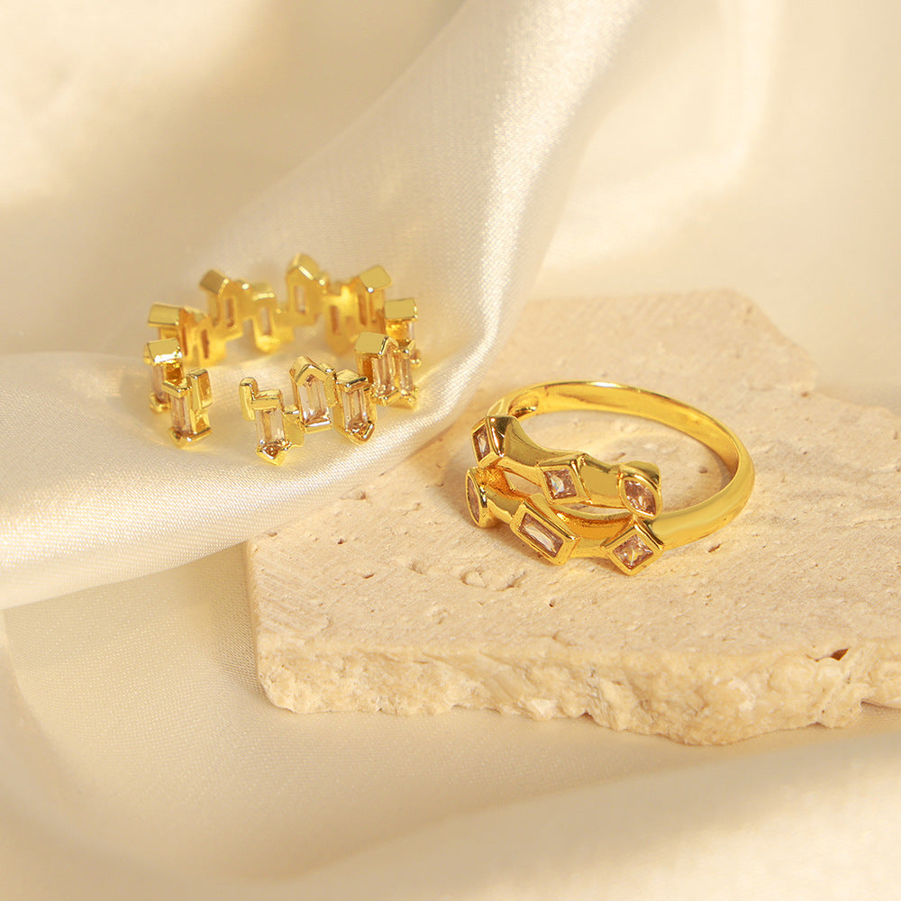 European Copper Open Ring with Irregular Geometric Zircon Design